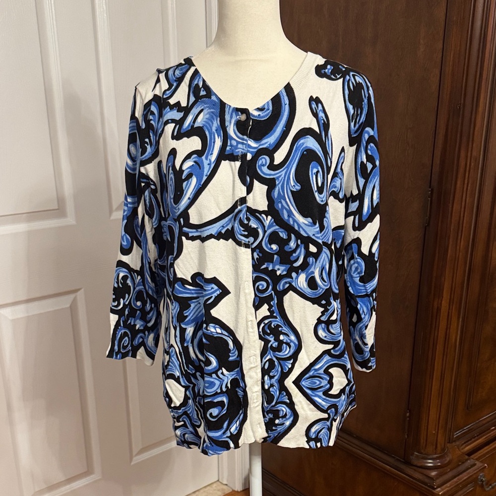 Cyrus Blue and Black Abstract Women's Button Down Sweater